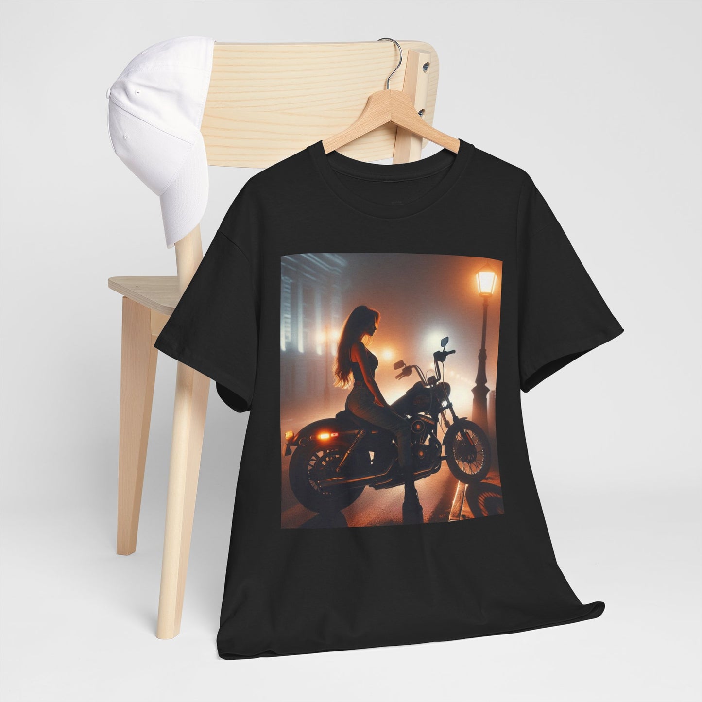 T-Shirt Pinup Biker Nighttime City Scene Unisex Heavy Cotton Tee