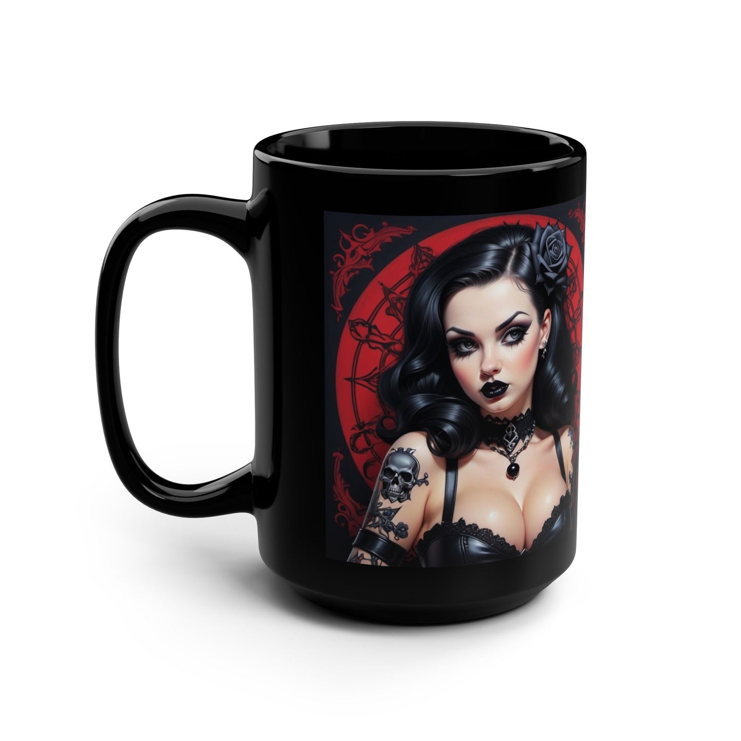 Mug - Gothic Pinup Girl Design-Edgy Unique Cup 15oz Black Drink Mug