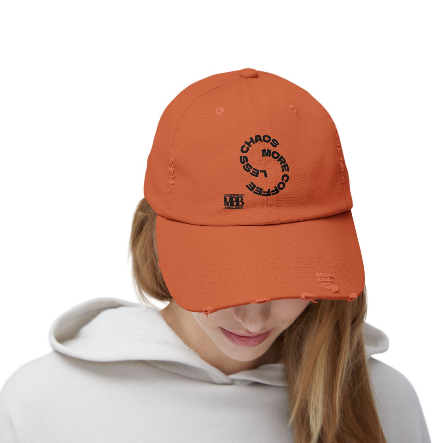 Distressed Unisex Cap with 'Less Chaos More Coffee' Design, Casual Headwear, Gift for Coffee Lovers, Trendy Hat, Relaxed Fit Cap
