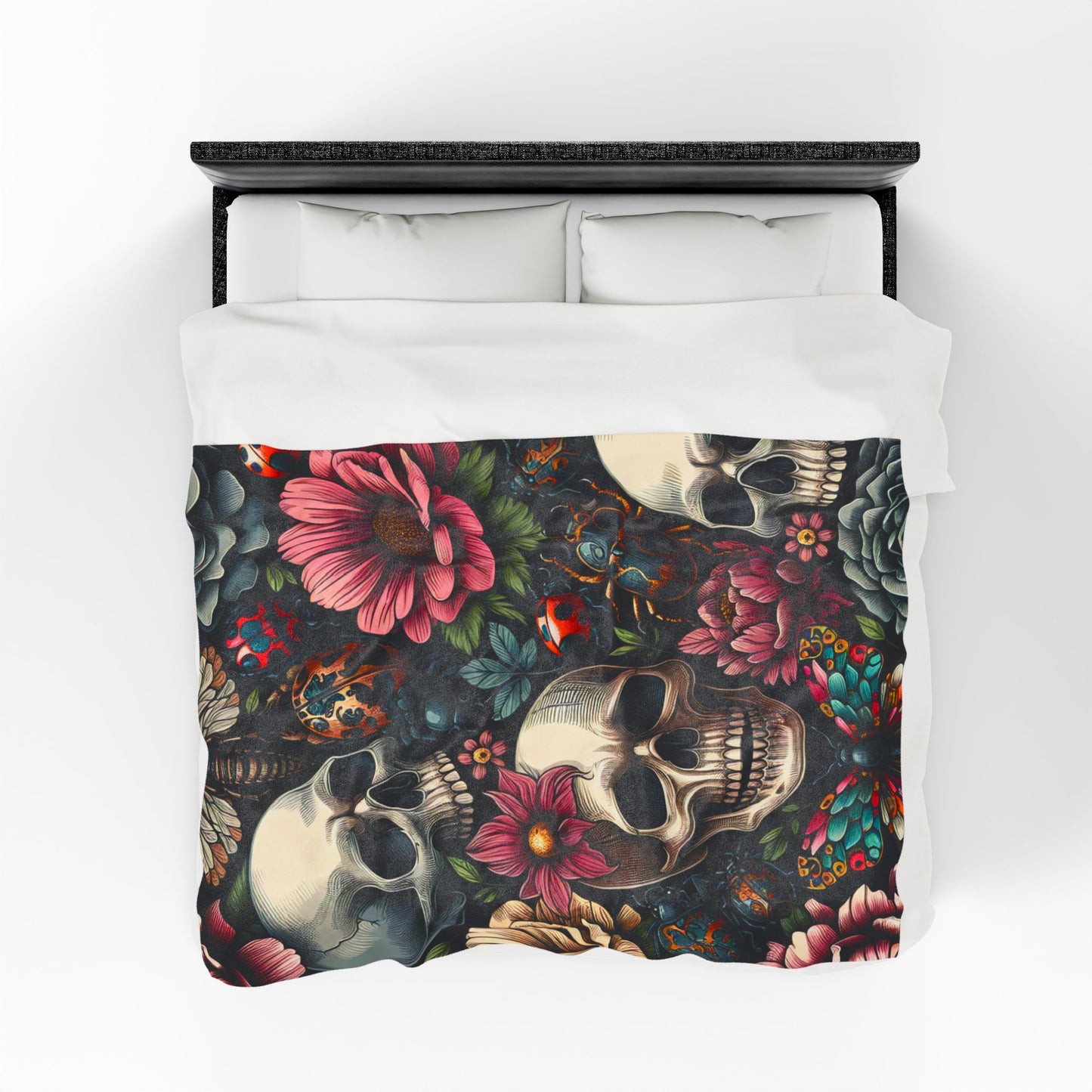 Gothic Floral Velveteen Plush Blanket, Cozy Skull Throw, Unique Home Decor, Halloween Blanket, Boho Chic Gift, Dark Aesthetic