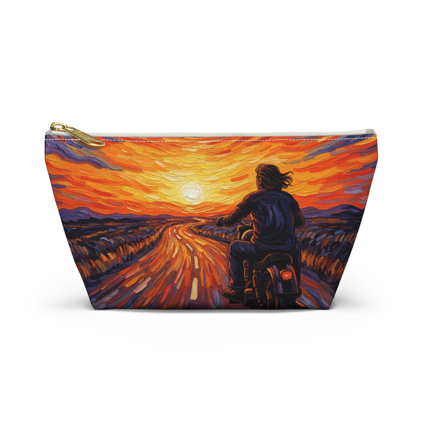 Motorcycle Sunset Accessory Pouch, Travel Makeup Bag, Gift for Bikers, Sunset Design Pouch, Motorcycle Lover Gift