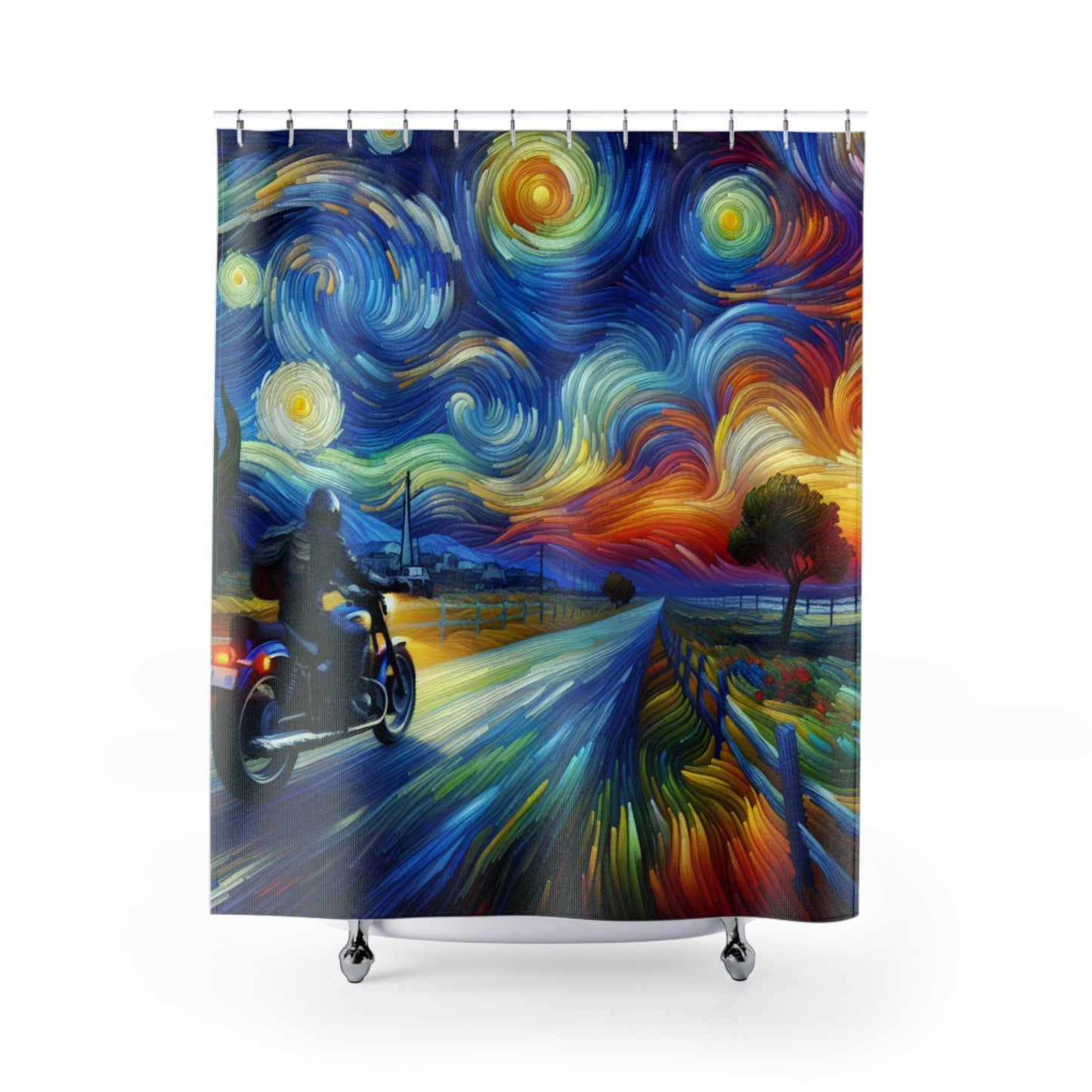 Shower Curtain-Starry Night Motorcycle - Vibrant Biker Art for Bathroom Decor