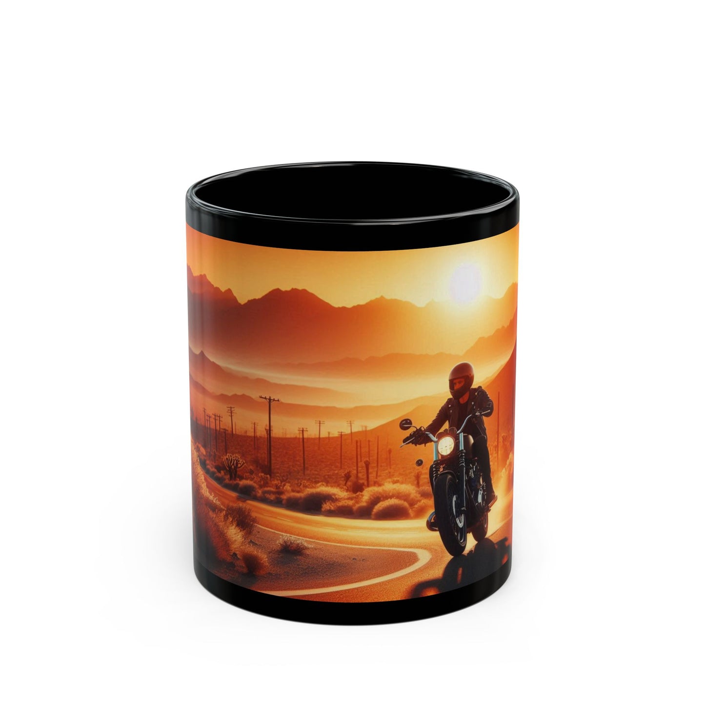 Mug: Motorcycle Ride at Sunrise- Black Coffee Cup