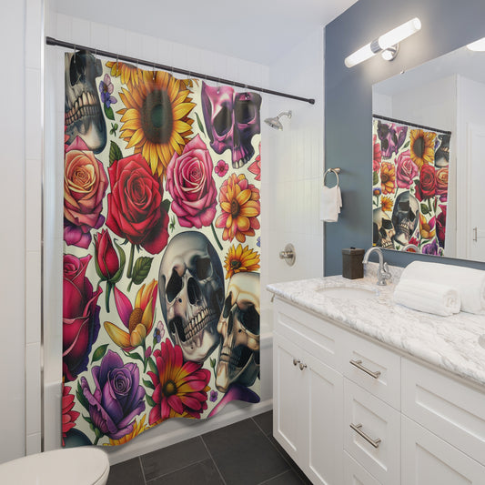 Shower Curtain-Colorful Skull Floral, Boho Bathroom Decor, Unique Gift, Gothic Home Accessories, Day of the Dead Decor