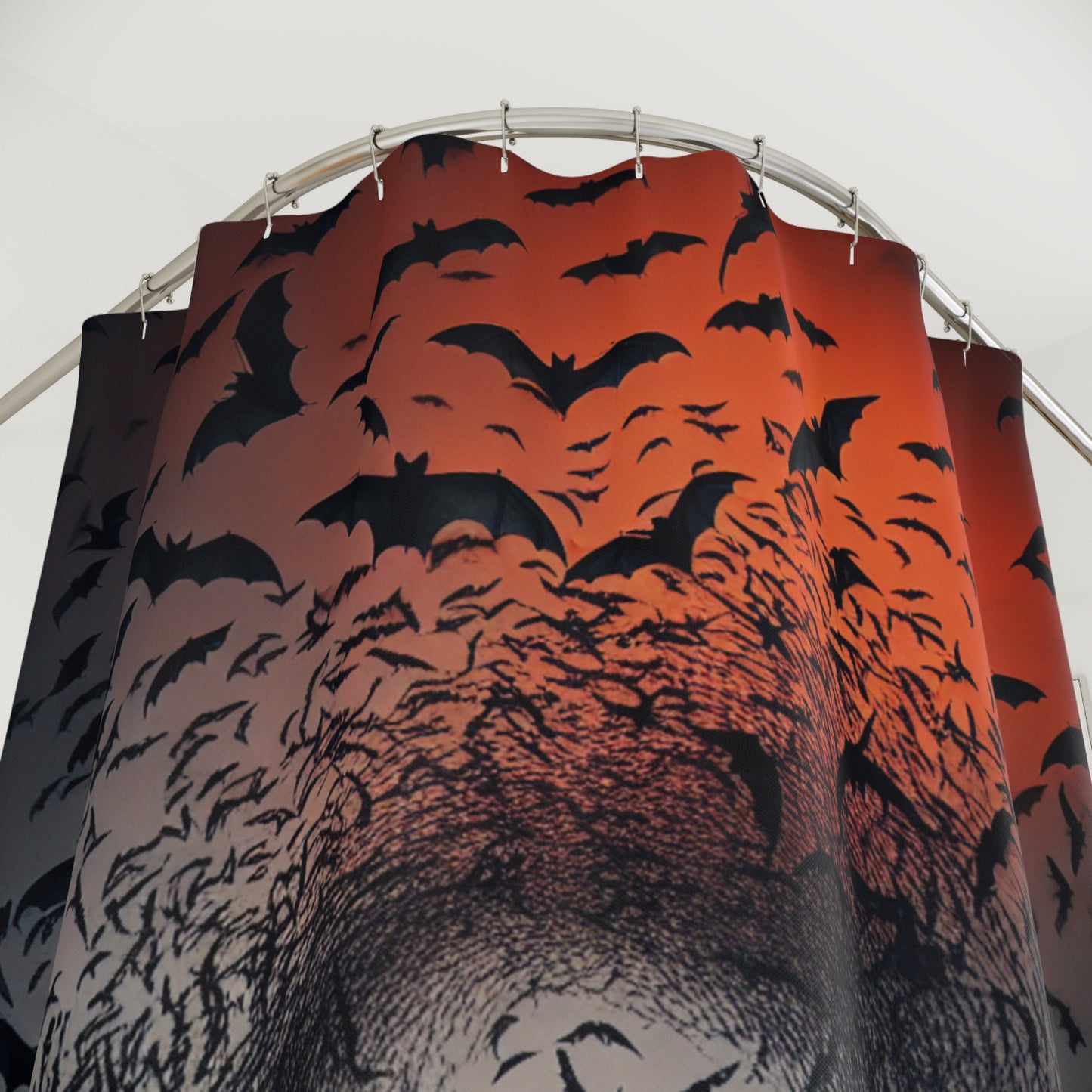 Shower Curtain-Swirling Bats at Sunset-Black and Orange Bath