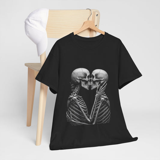 Romantic Skeleton Kiss Tee, Unisex Graphic T-Shirt, Funny Halloween Shirt, Spooky Couple Gift, Skeleton Lovers Apparel