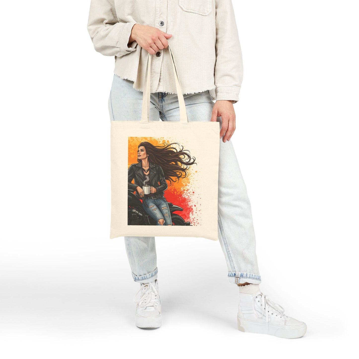 Edgy Biker Tote Bag, Stylish Canvas Bag, Coffee Lovers Tote, Gift for Bikers, Chic Reusable Shopping Bag