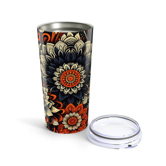 Travel Mug- Bold Black and Orange-Allover Floral Pattern