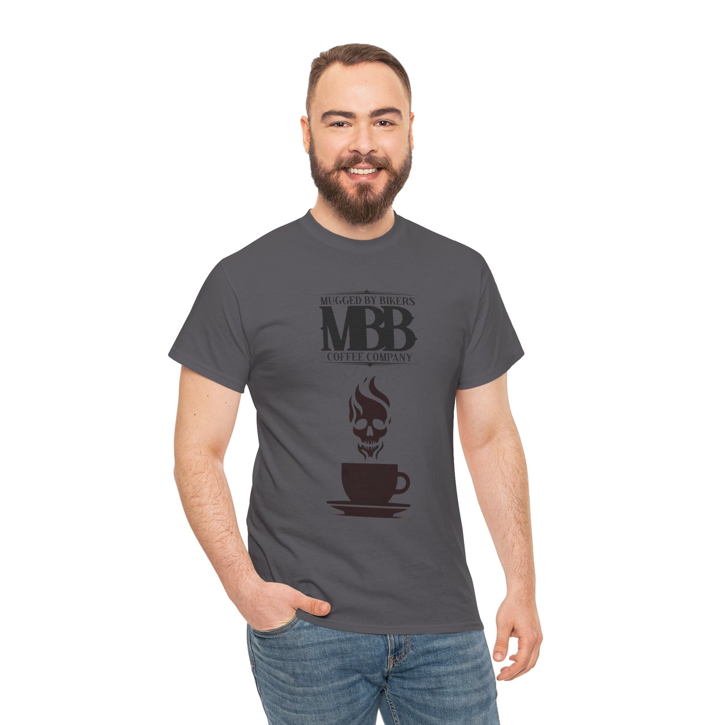 T-Shirt - Mugged by Bikers Coffee Co-Steaming Cup of Coffee Logo Tee