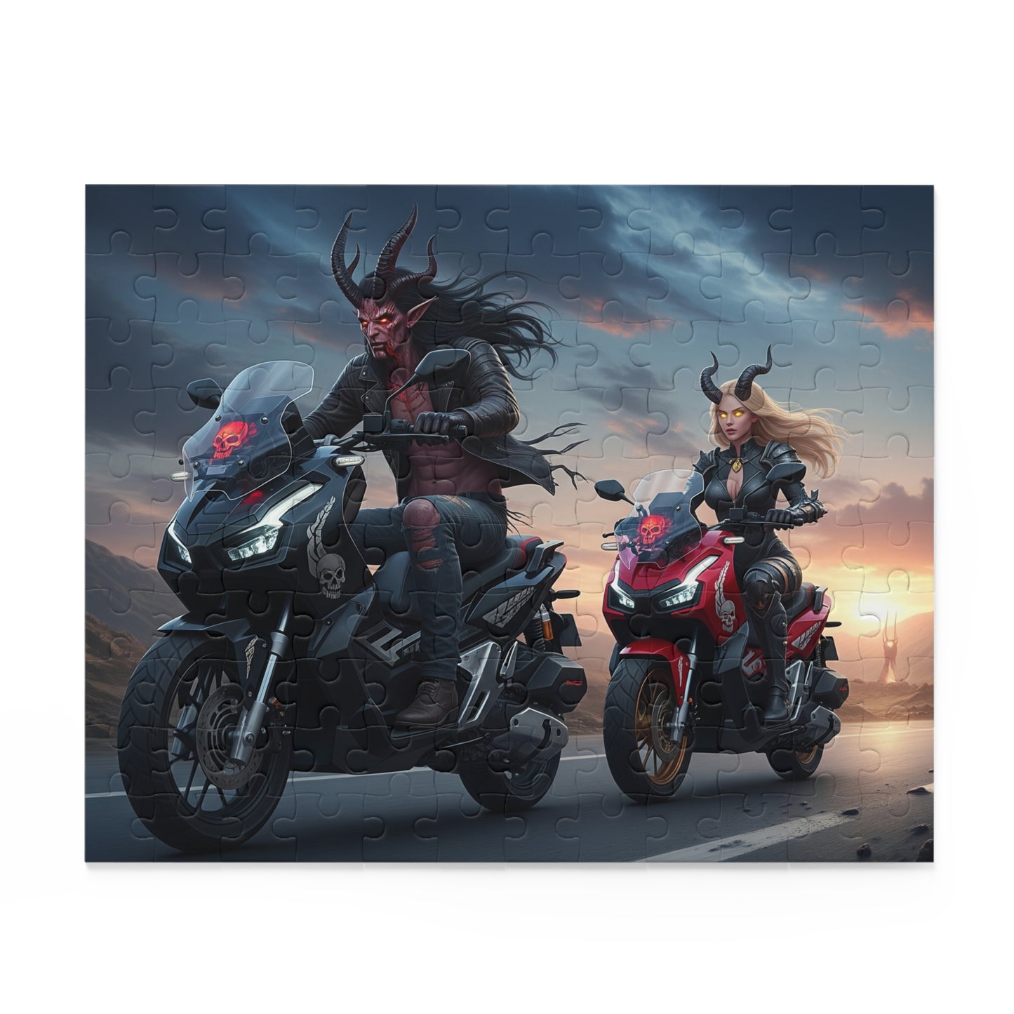 Demonic Biker Puzzle – 120, 252, 500-Piece Fantasy Jigsaw, Gift for Bikers, Gamers, Halloween Decor, Family Fun, Puzzle Lovers