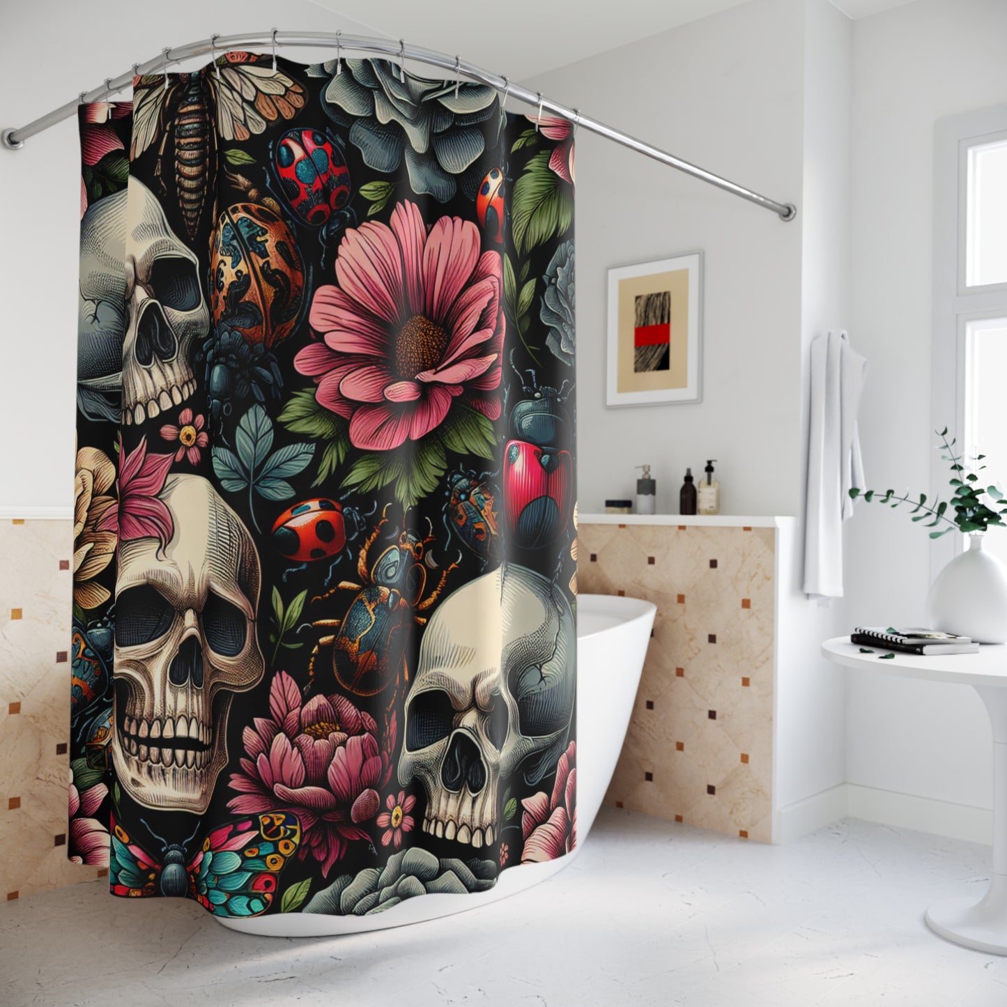 Shower Curtains- Dark Floral Insects Skulls Collage