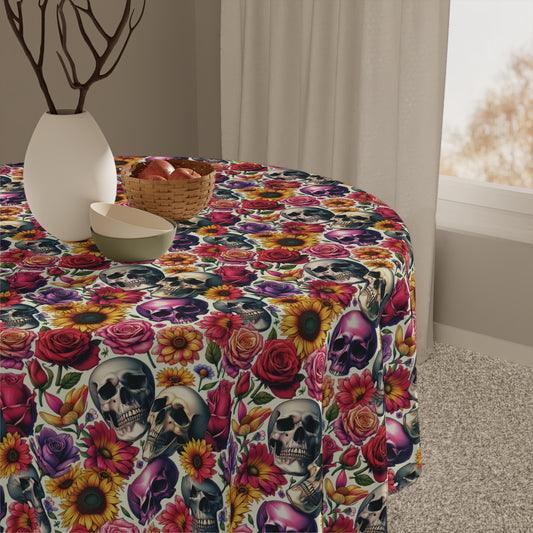 Tablecloth, Skulls and Roses, Halloween Party Decor, Floral Design Kitchen Accessory