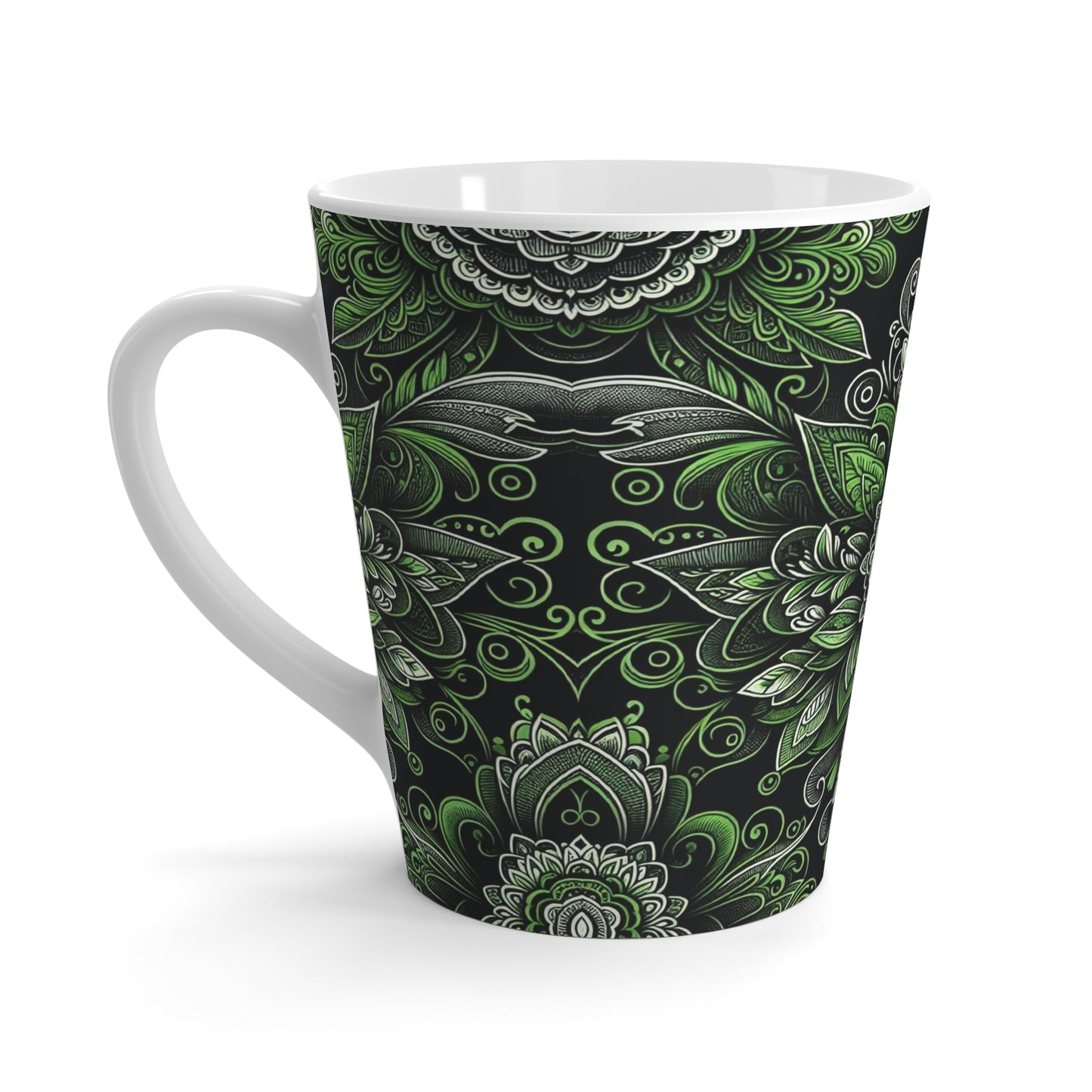 Bold Green Lace Ceramic Latte Mug – Unique Designer Coffee Gift