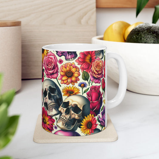 Stylish Floral Skull Mug, Unique Coffee Cup, Gothic Floral Drinkware, Perfect Gift for Birthdays, Home Decor, Halloween