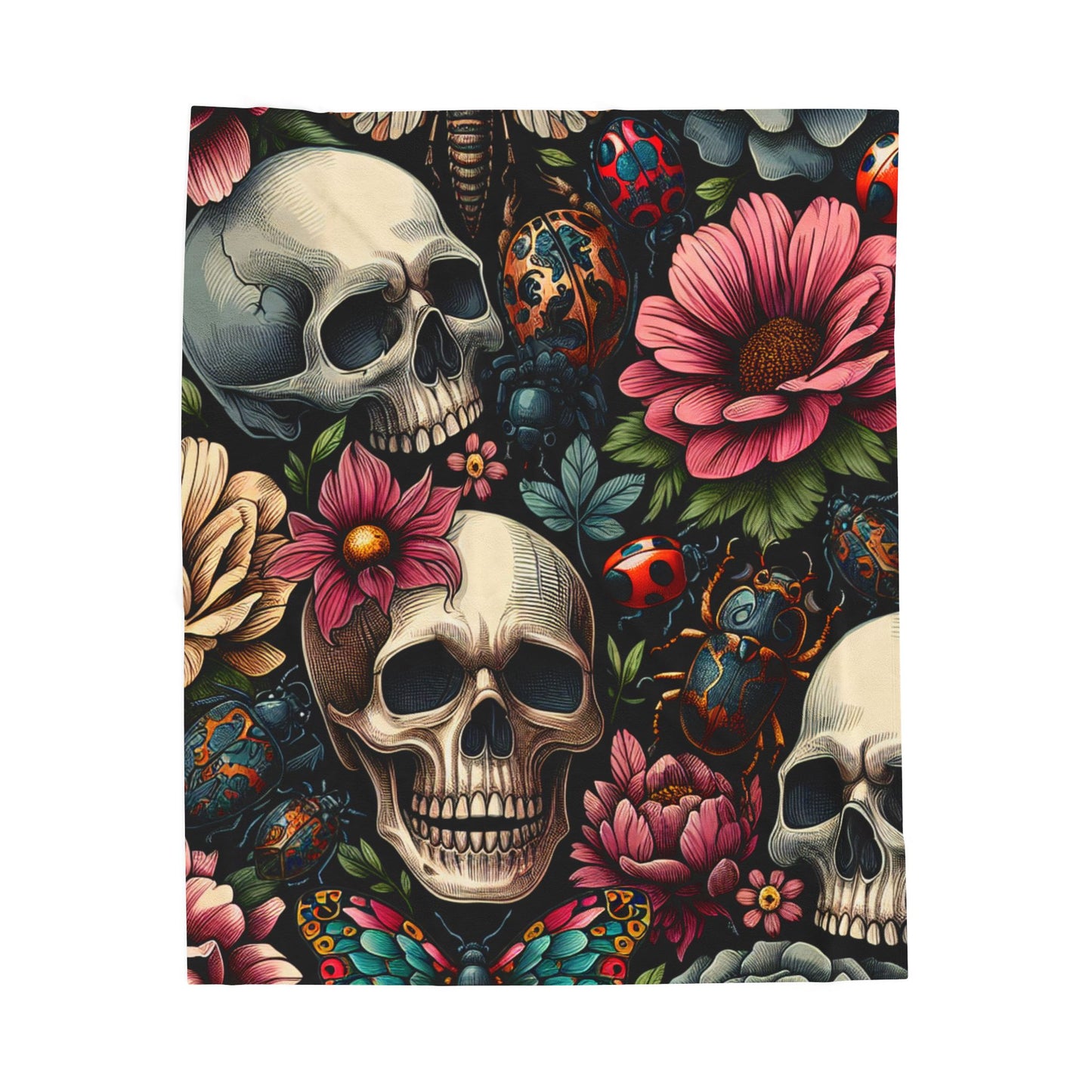 Gothic Floral Velveteen Plush Blanket, Cozy Skull Throw, Unique Home Decor, Halloween Blanket, Boho Chic Gift, Dark Aesthetic