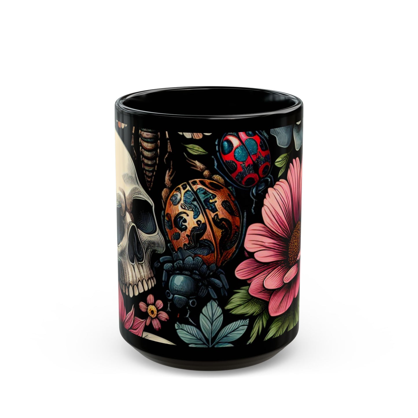 Mug - Floral Skull and Beetle Design-Gothic Kitchen-Graphic Skull Mug