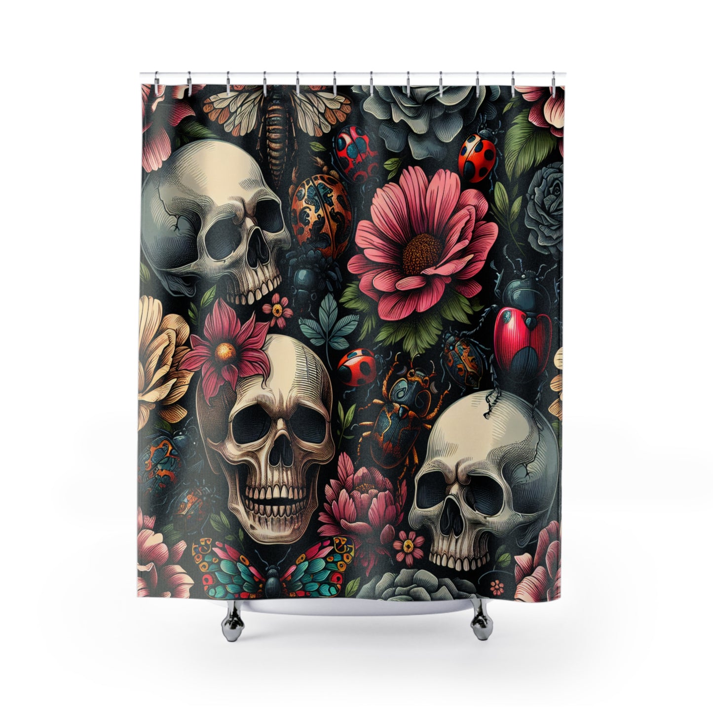 Shower Curtains- Dark Floral Insects Skulls Collage