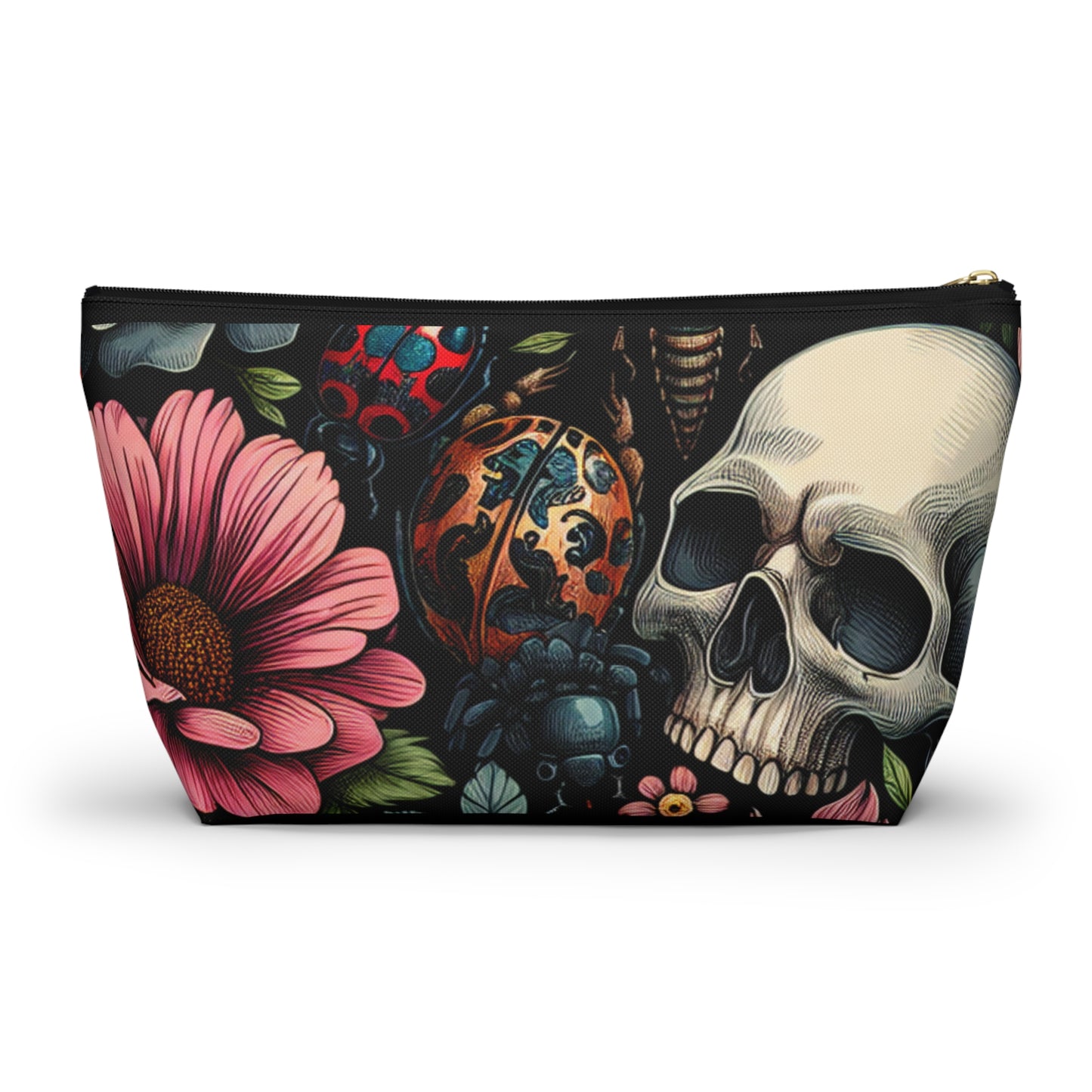 Gothic Floral Accessory Pouch, Makeup Bag, Travel Organizer, Gift for Her, Skull Design, Halloween Accessories, Motorcycle Bag
