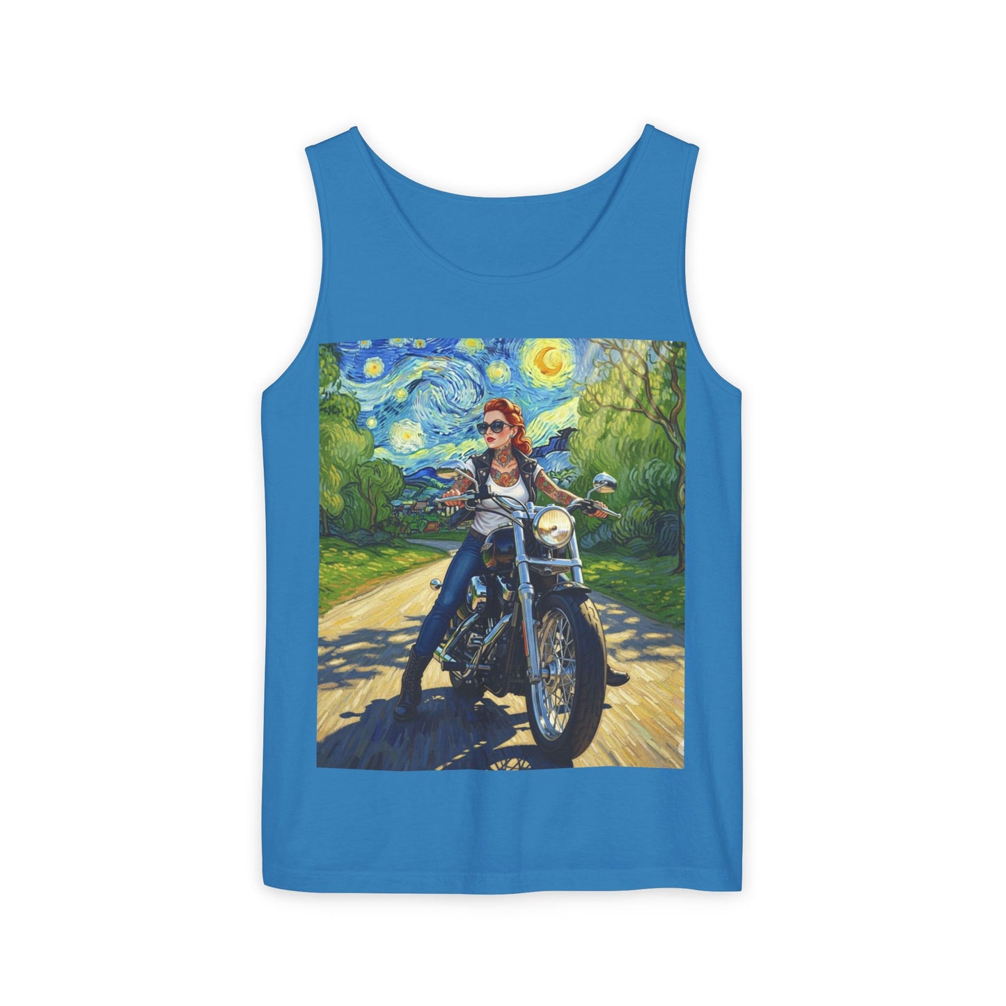 Vibrant Motorcycle Art Tank Top, Unisex Summer Tee, Biker Gift, Vintage Style Clothing, Casual Throwback Fashion, Perfect for Rides