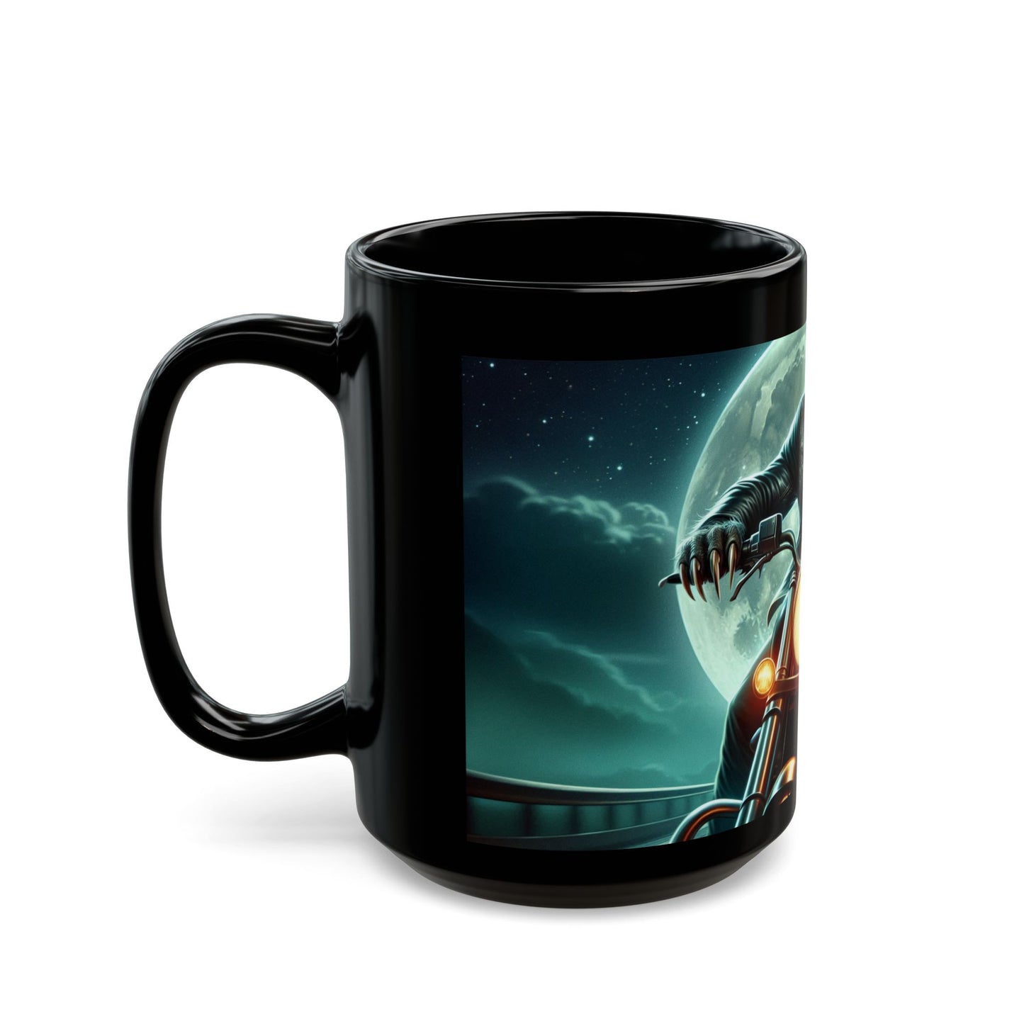 Werewolf Motorcycle Mug | Black Coffee Cup | Unique Gift for Bikers | Halloween Decor | Funny Wolf Mug 15oz