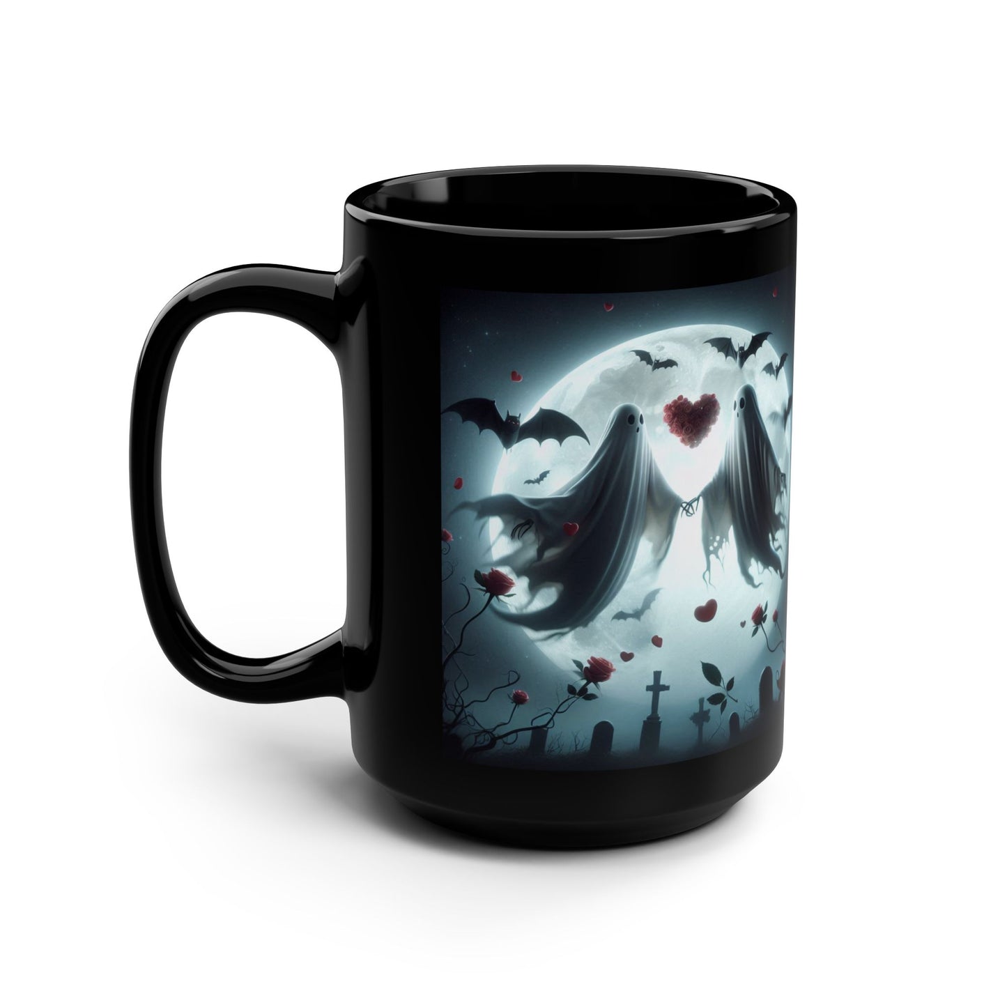 Mug - Halloween and Valentines Mix - Ghost Bride & Groom, Flowers, Bats, Hearts - 15oz