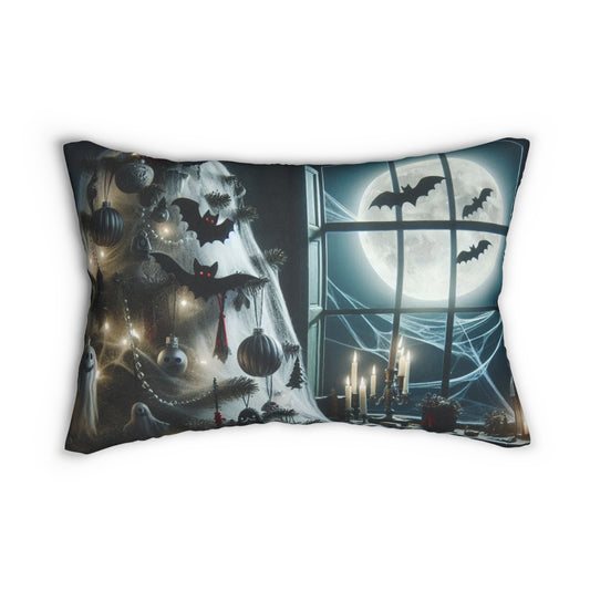 Halloween Themed Lumbar Pillow, Cozy Home Decor, Spooky Throw Pillow, Bat and Spider Web Design, Autumn Accent Pillow