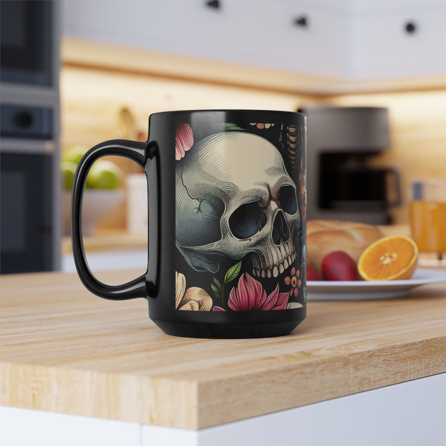 Mug - Floral Skull and Beetle Design-Gothic Kitchen-Graphic Skull Mug