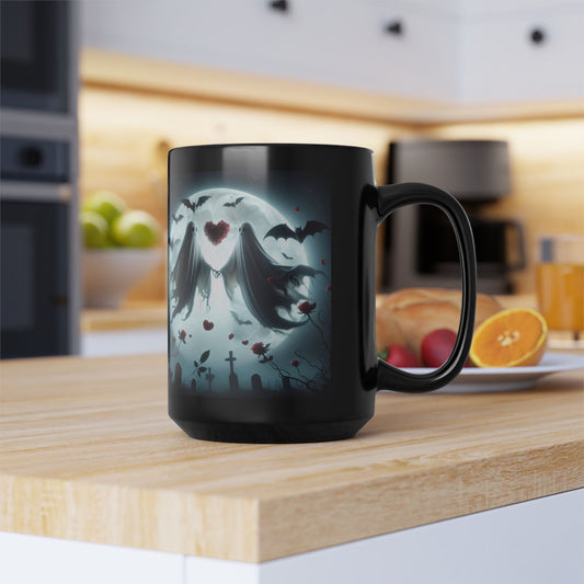 Mug - Halloween and Valentines Mix - Ghost Bride & Groom, Flowers, Bats, Hearts - 15oz