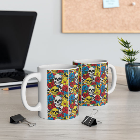 Colorful Skull Floral Ceramic Mug - Day of the Dead Coffee Cup, Unique Gift, Home Decor, Artists Mug, Skull Lovers Coffee