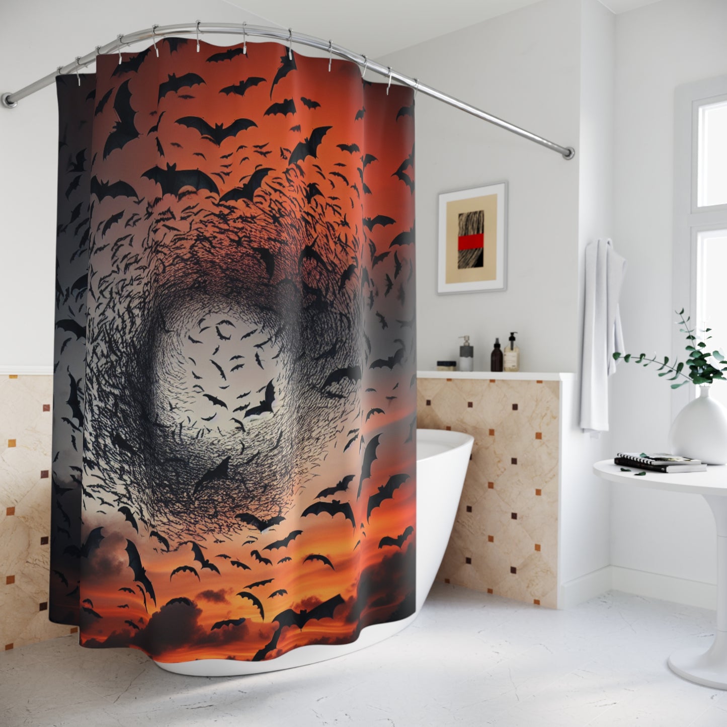 Shower Curtain-Swirling Bats at Sunset-Black and Orange Bath