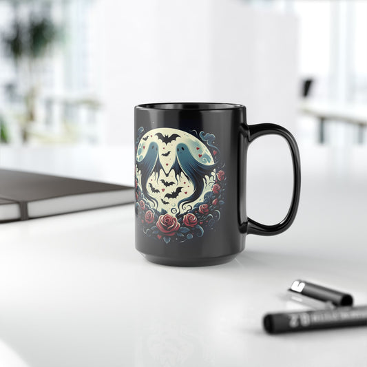 Mug - Halloween and Valentines Mix - Ghosts, Flowers, Bats, Hearts - 15oz