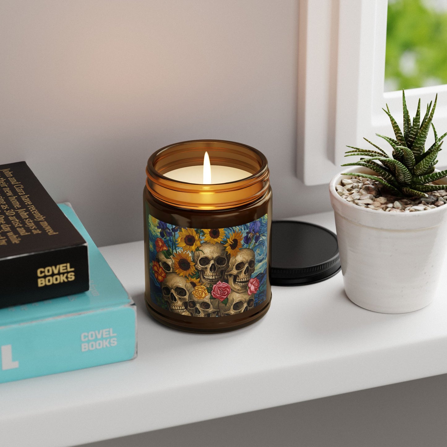 Skull & Sunflower Scented Soy Candle, Boho Home Décor, Perfect for Relaxation, Gifts, Halloween, and Celebrations