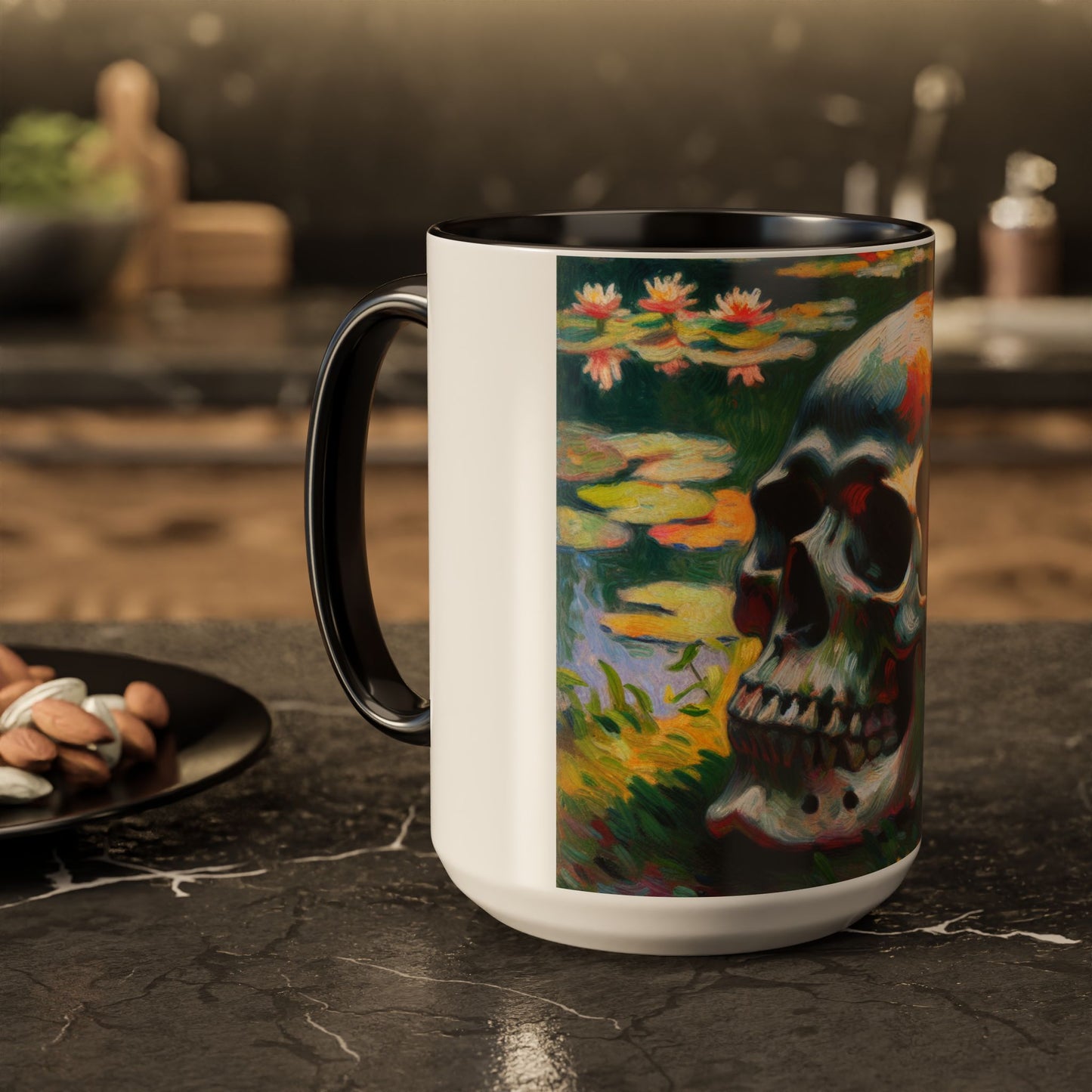 Mug - Colorful Monet Style Skull-Skull and Flowers Coffee Cup
