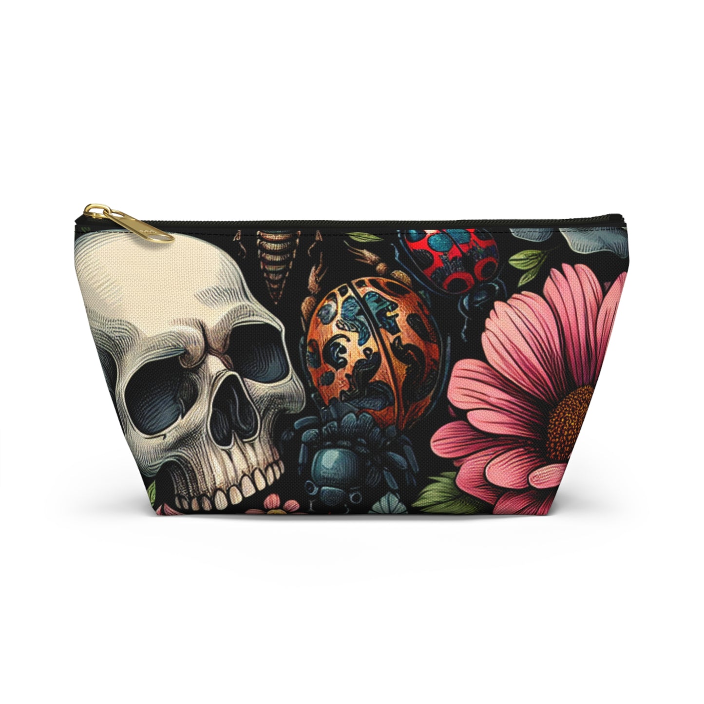 Gothic Floral Accessory Pouch, Makeup Bag, Travel Organizer, Gift for Her, Skull Design, Halloween Accessories, Motorcycle Bag