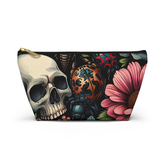 Gothic Floral Accessory Pouch, Makeup Bag, Travel Organizer, Gift for Her, Skull Design, Halloween Accessories, Motorcycle Bag