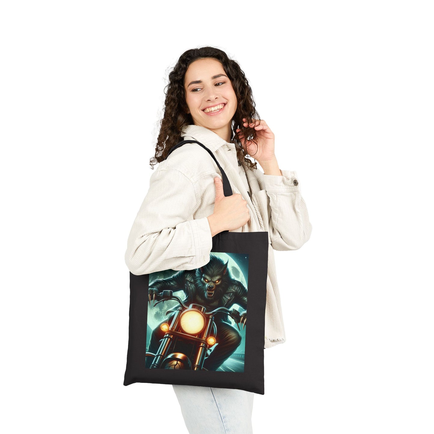 Werewolf Biker Graphic Tote Bag, Cool Canvas Shopping Bag, Unique Gift for Motorcyclists, Travel Tote, Stylish Everyday Bag