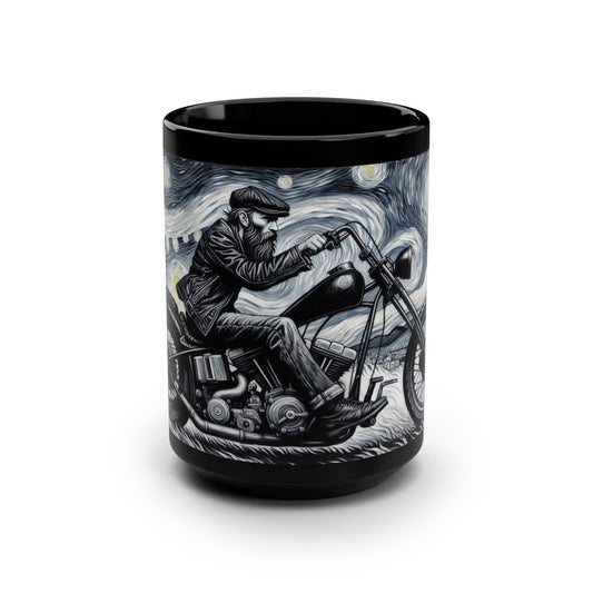 Starry Night Motorcycle Black Mug - 15oz Ceramic Coffee Cup for Bikers & Art Lovers