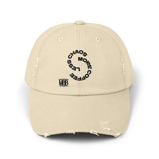 Distressed Unisex Cap with 'Less Chaos More Coffee' Design, Casual Headwear, Gift for Coffee Lovers, Trendy Hat, Relaxed Fit Cap