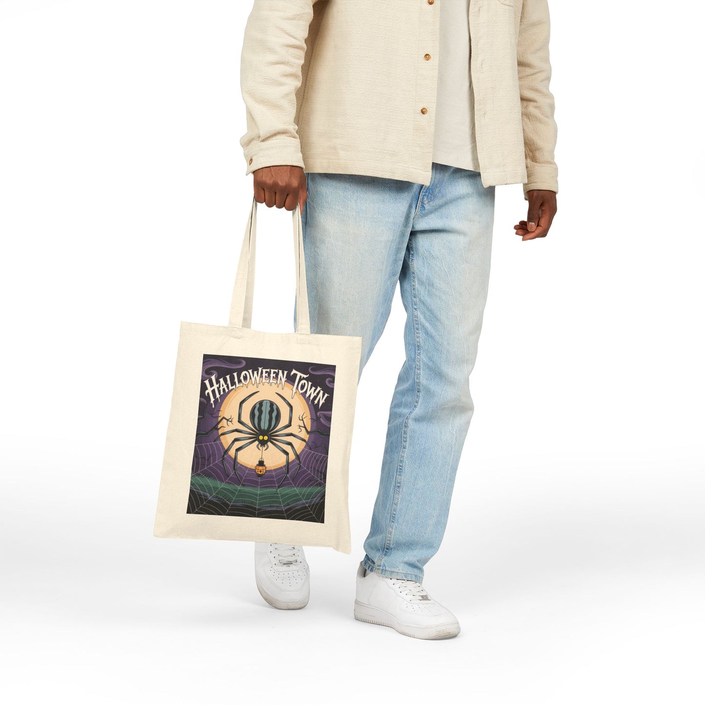 Halloween-Themed Cotton Canvas Tote Bag, Trick or Treat Bag, Spider Design Market Tote, Ghoul's Day Gift, Eco-Friendly Halloween Tote