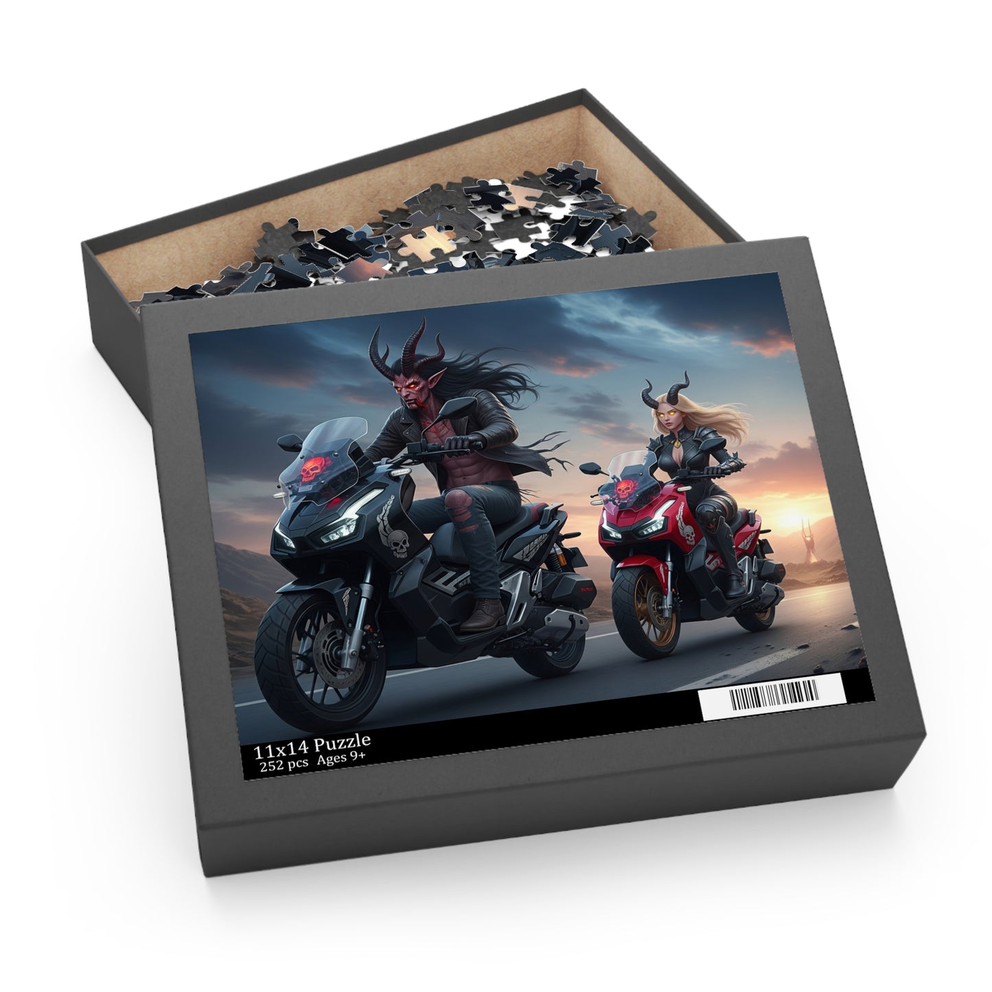 Demonic Biker Puzzle – 120, 252, 500-Piece Fantasy Jigsaw, Gift for Bikers, Gamers, Halloween Decor, Family Fun, Puzzle Lovers