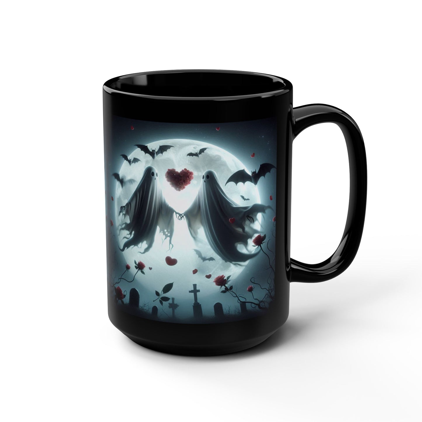 Mug - Halloween and Valentines Mix - Ghost Bride & Groom, Flowers, Bats, Hearts - 15oz