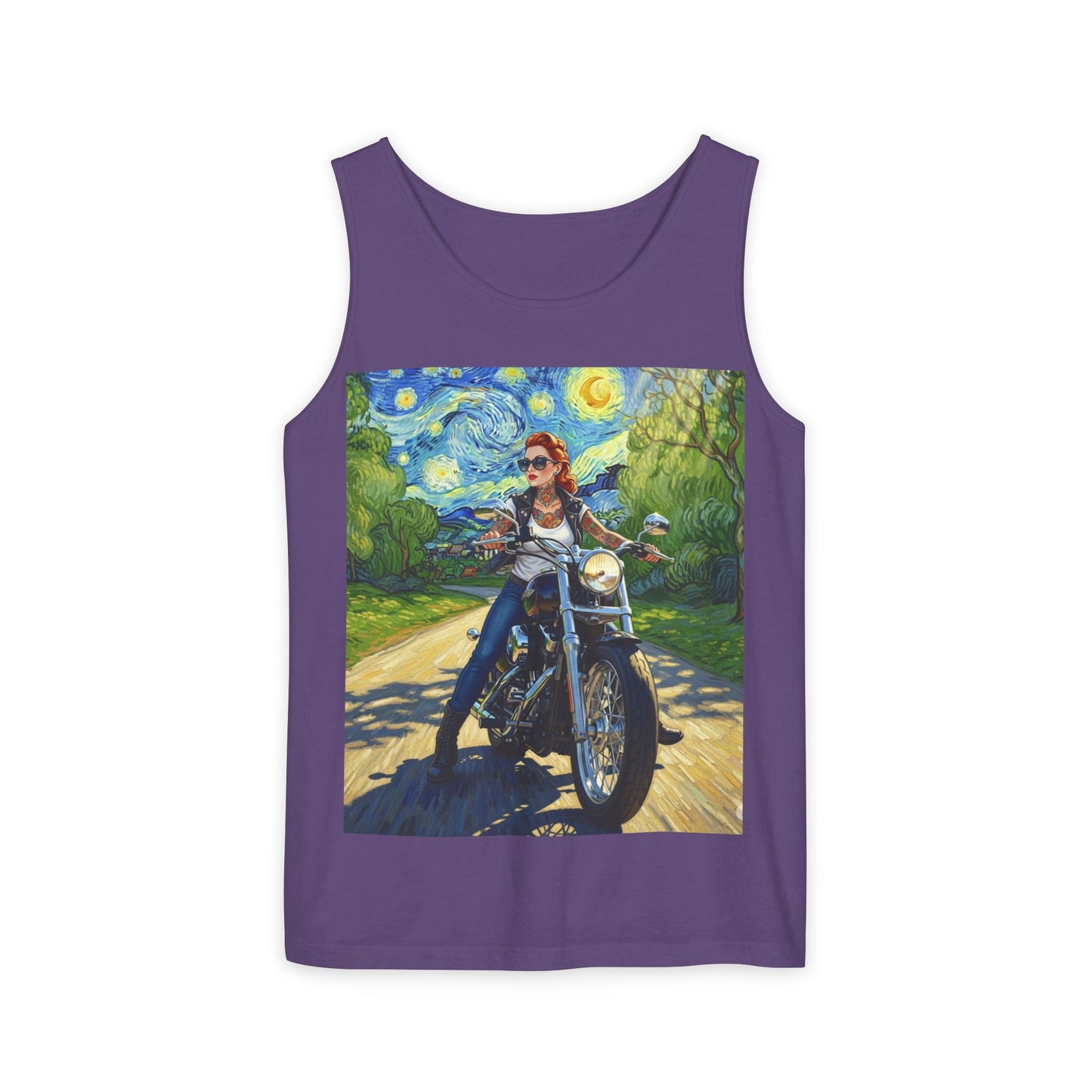 Vibrant Motorcycle Art Tank Top, Unisex Summer Tee, Biker Gift, Vintage Style Clothing, Casual Throwback Fashion, Perfect for Rides