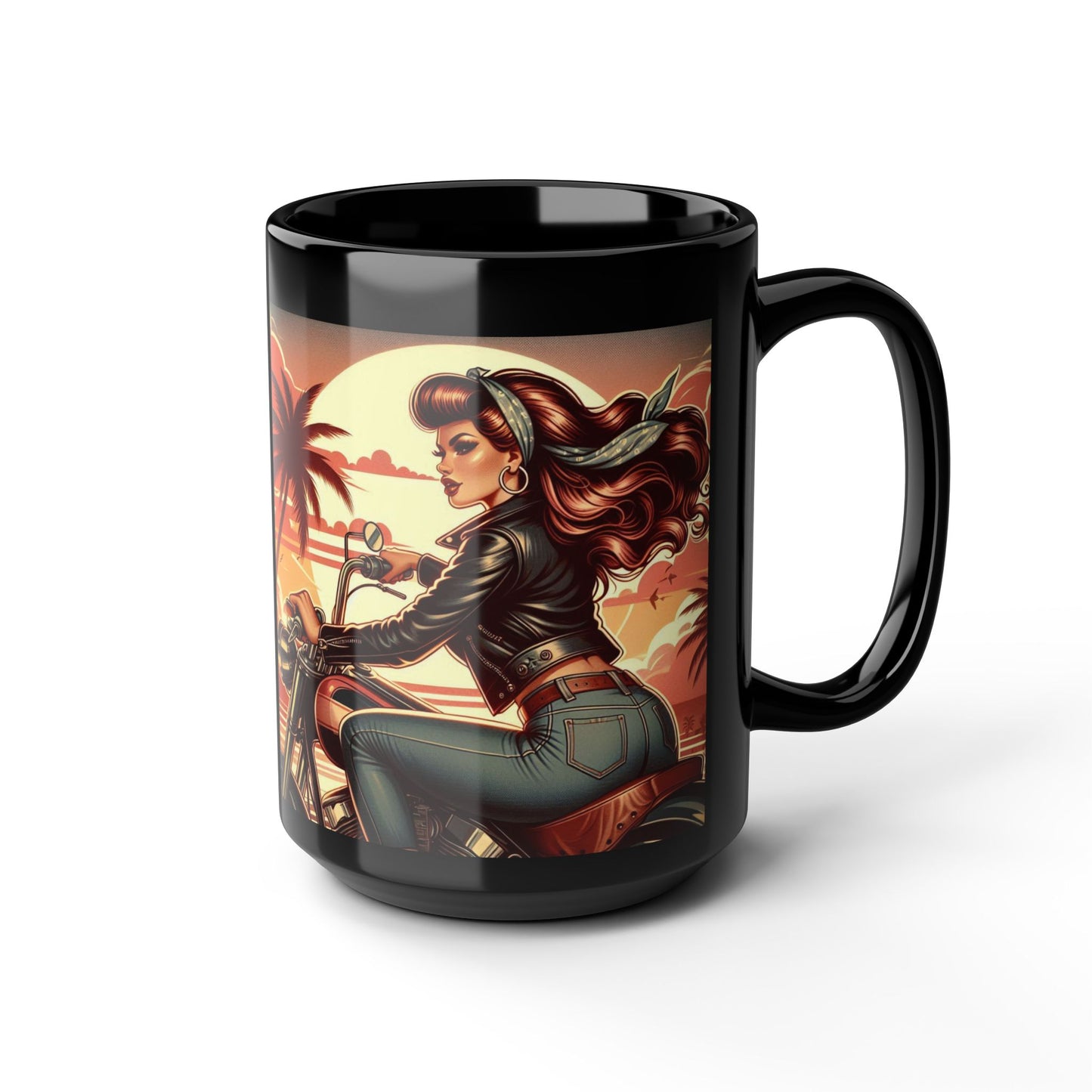 Mug-Sunset Beach Ride-Pin Up Girl Coffee Cup - Unique Gift for Bikers