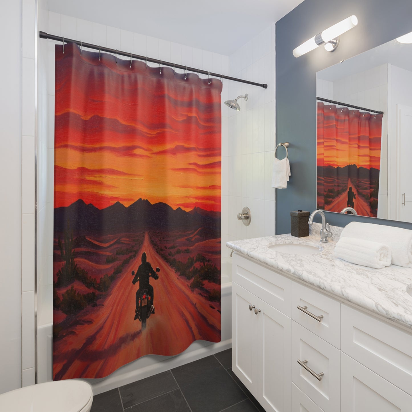 Shower Curtain-Biker Decor-Motorcycle Ride at Sunrise-Biker bathroom
