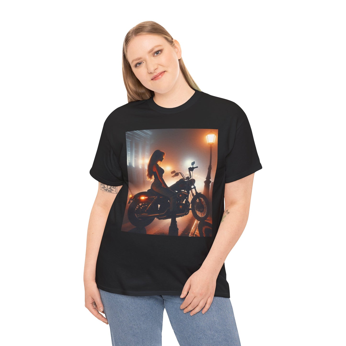 T-Shirt Pinup Biker Nighttime City Scene Unisex Heavy Cotton Tee