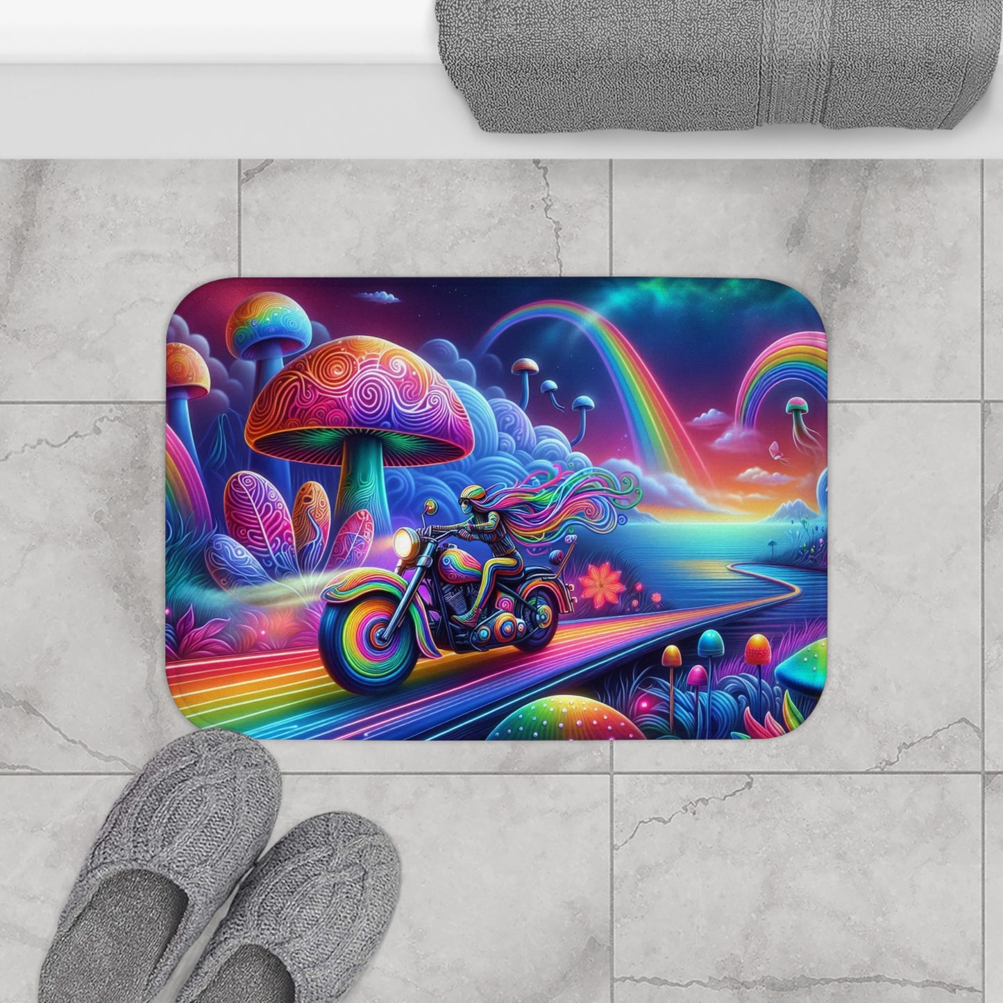 Bath Mat-Psychedelic Motorcycle Trip-Vibrant Rug for Bathroom Decor, Gift for Bikers, Rainbow Home Accessory, Fun Summer Vibe