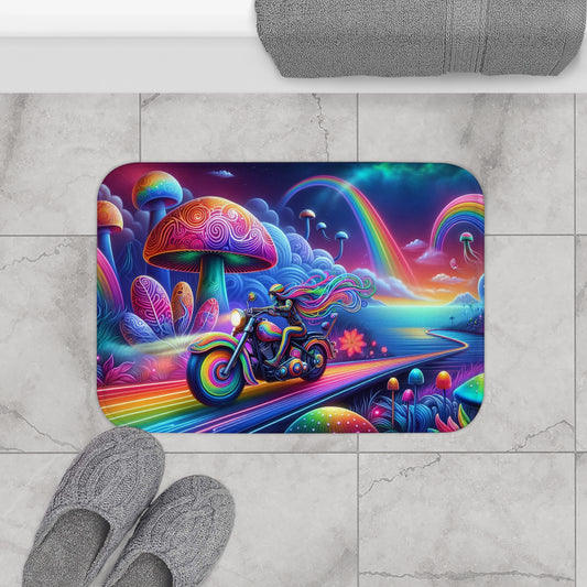 Bath Mat-Psychedelic Motorcycle Trip-Vibrant Rug for Bathroom Decor, Gift for Bikers, Rainbow Home Accessory, Fun Summer Vibe