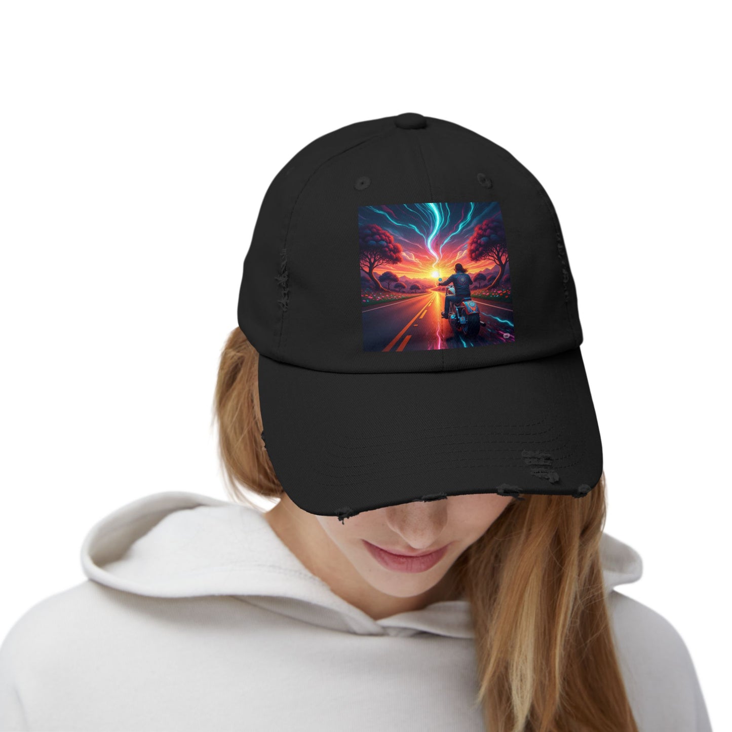 Unisex Distressed Cap with Vibrant Sunset Motorcycle Design, Casual Style Hat for Adventure Lovers, Great Gift for Bikers, Trendy [...]