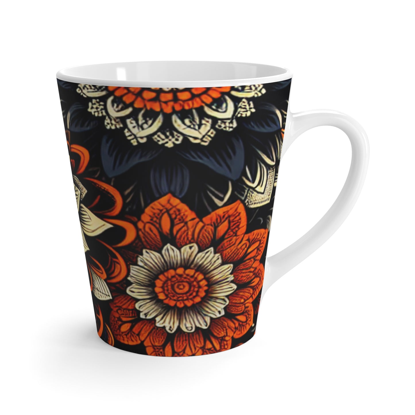 Latte Mug - Bold Orange and Black Lace- Floral Pattern-Coffee Cup