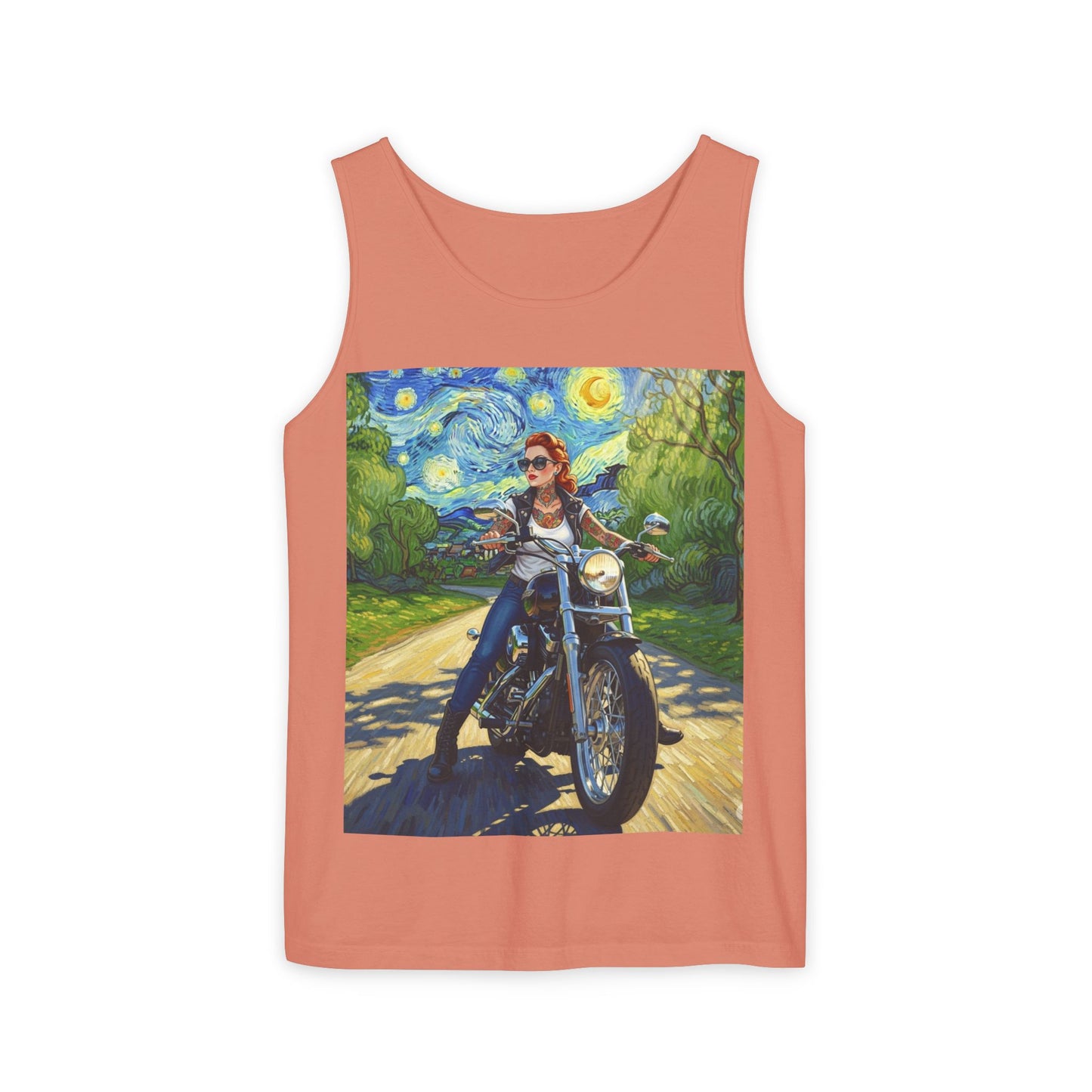 Vibrant Motorcycle Art Tank Top, Unisex Summer Tee, Biker Gift, Vintage Style Clothing, Casual Throwback Fashion, Perfect for Rides